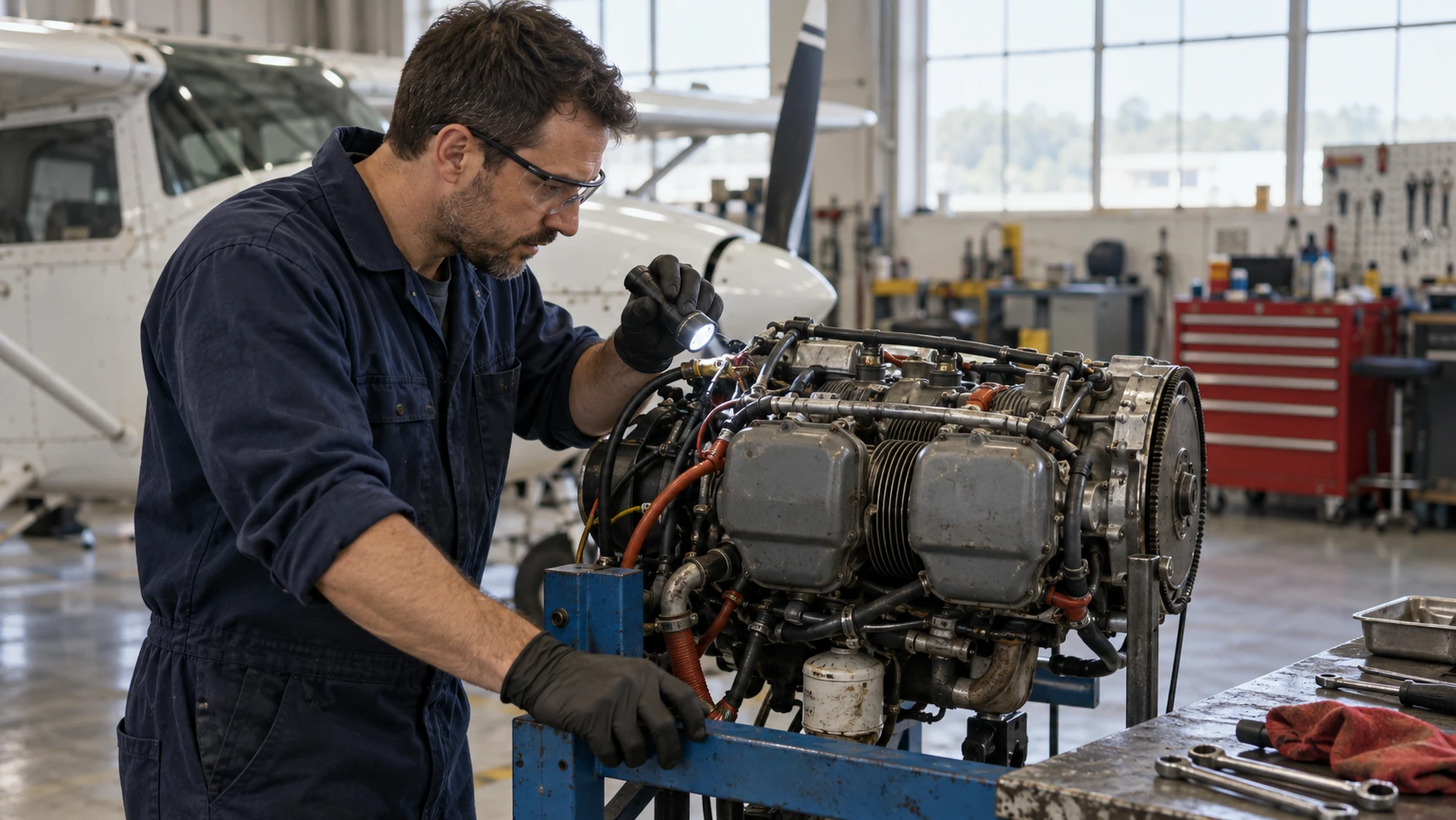 Generated maintenance scene: Mechanic performing a workshop inspection