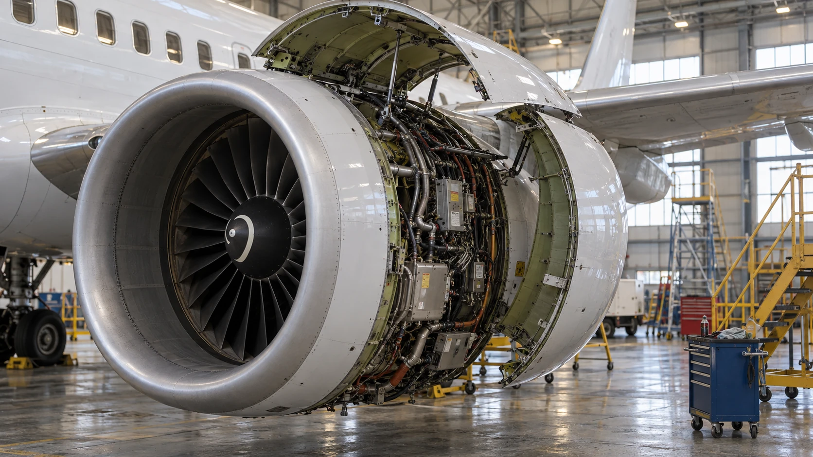 Generated maintenance scene: Open engine cowling in a hangar