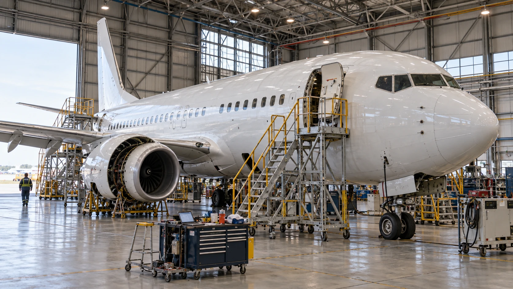 Generated maintenance scene: Airliner undergoing hangar maintenance